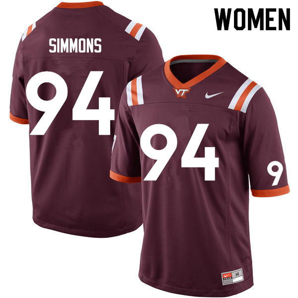 Women #94 Nigel Simmons Virginia Tech Hokies College Football Jerseys Sale-Maroon